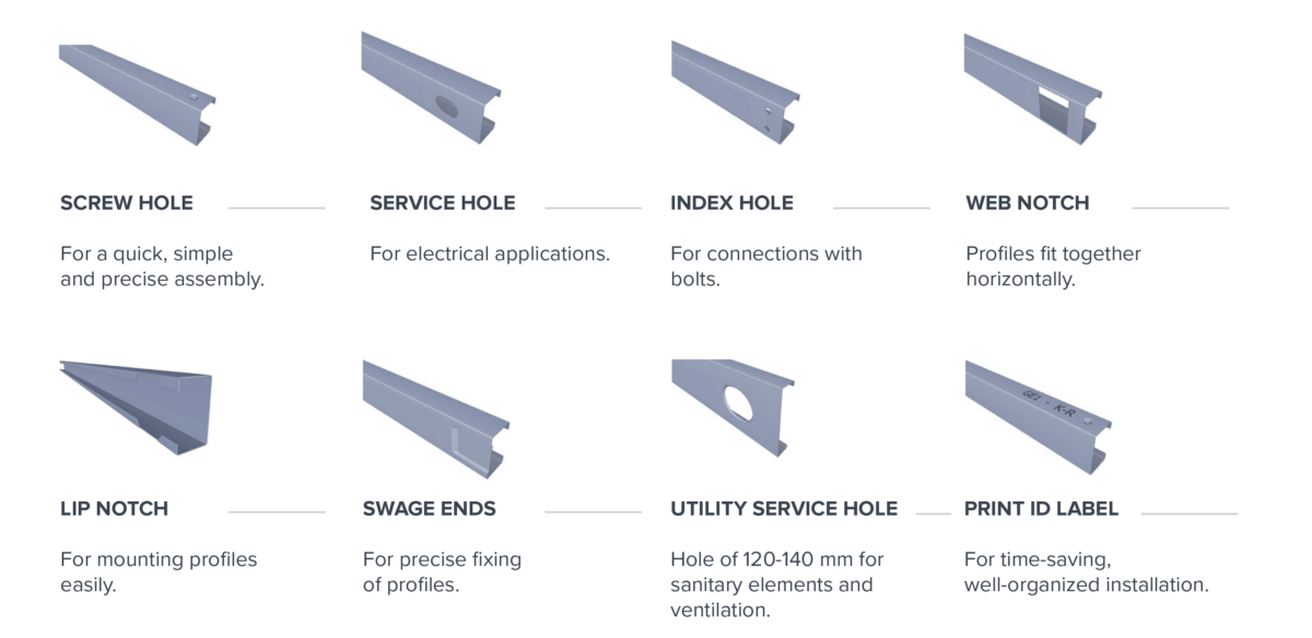 Different types of light steel frame profiles used in beSteel solutions.